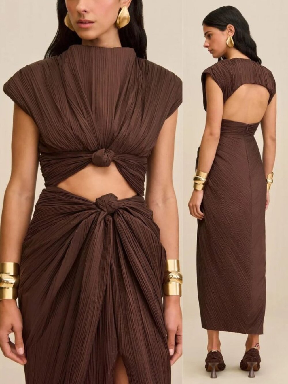 Cult Gaia Inaya Dress Brown Java Cocoa Knotted Cutout Plisse Pleated Midi Size 0